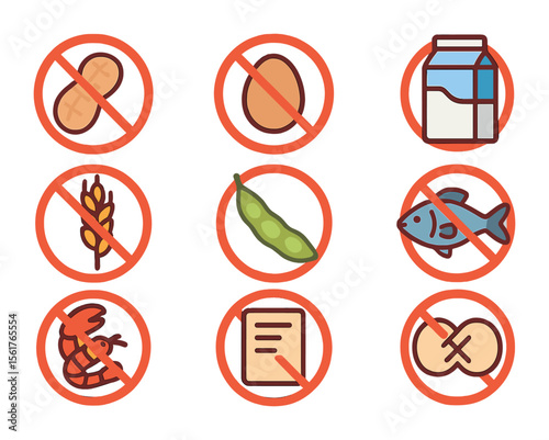 Food Allergy Icons. Flat icon set of food-related allergies: peanut, egg, milk carton, wheat stalk, soy pod,