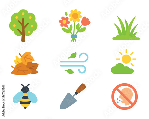 Seasonal Allergy Icons. Flat icon set of seasonal allergy triggers: blooming tree, flower bouquet, cut grass,