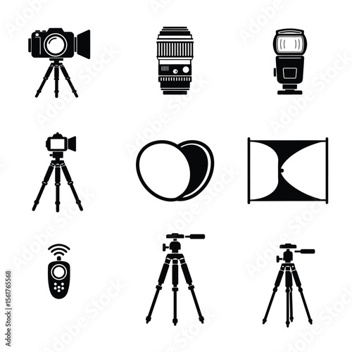 Outline photo icon set featuring studio lights, film cameras, digital cameras, camera on tripod, and photo lenses — minimal black and white vector style, clean and isolated pictograms for photography 