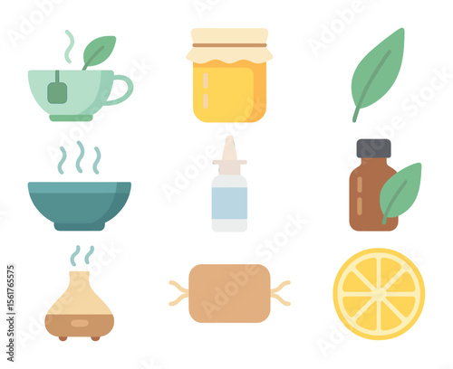 Natural Allergy Relief Icons. Flat icon set of natural allergy relief: herbal tea, honey jar, eucalyptus leaf,