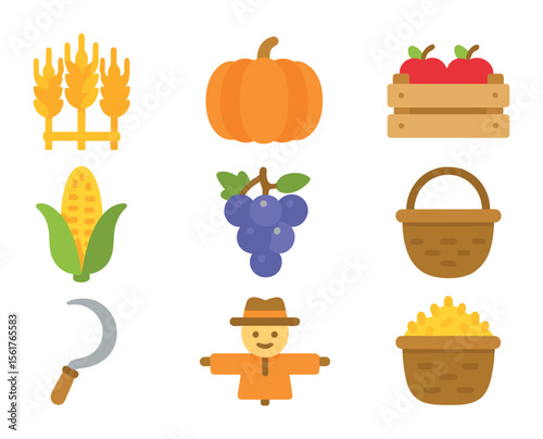 Harvest Icon Set. Flat icon set of harvest time: wheat bundle, pumpkin, apple crate, corn cob, grapevine,