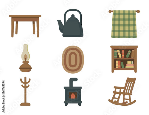 Farmhouse Icon Set. Flat icon set of farmhouse interiors: wooden table, kettle, checkered curtain, oil lamp,