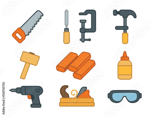Woodworking Tools Icons. Flat icon set of outdoor woodworking tools: saw, chisel, clamp, mallet, wood planks,