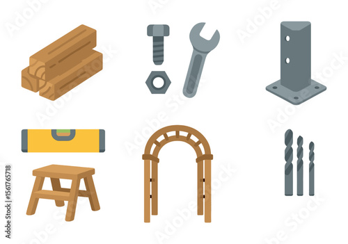 Garden Pergola Icons. Flat icon set of garden pergola building: timber beams, bolt, wrench, spirit level, arch