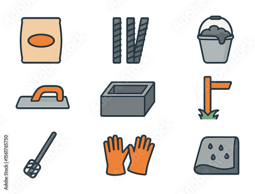 Concrete Tools Icons. Flat icon set of concrete foundation setup: cement bag, rebar, concrete bucket, float