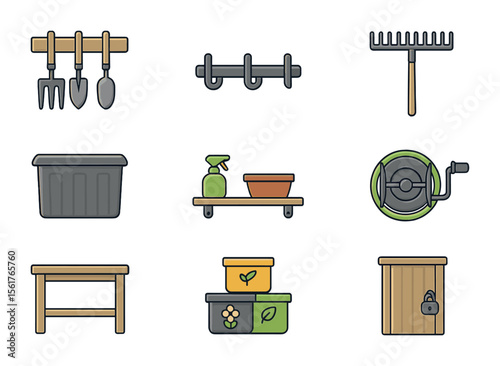 Garden Shed Icons. Flat icon set of garden shed organization: tool rack, wall hooks, garden rake, storage bin,