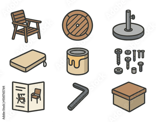 Patio Furnishing Icons. Flat icon set of patio furnishing prep: patio chair, table top, umbrella base, cushion