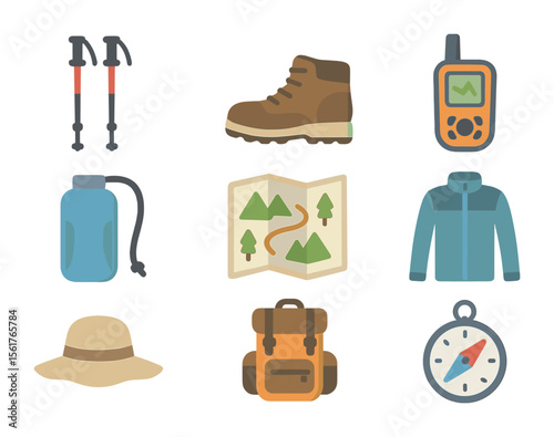 Mountain Hiking Essentials. Flat icon set of mountain hiking essentials: trekking poles, hiking boots, GPS