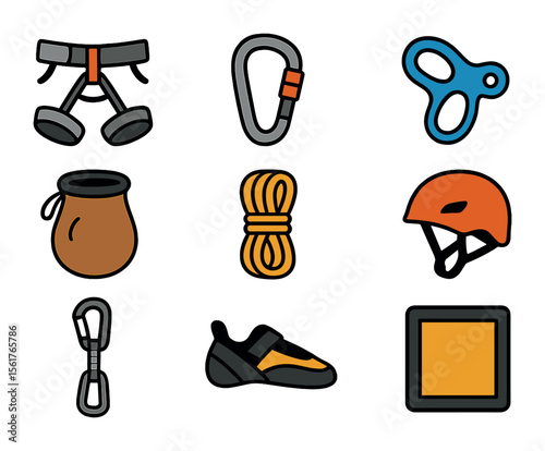 Rock Climbing Gear Icons. Flat icon set of rock climbing gear: climbing harness, carabiner, belay device,