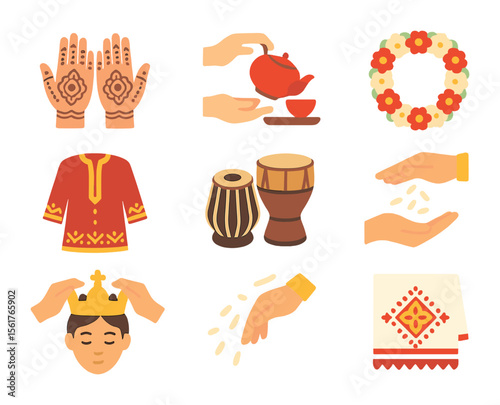 Cultural Wedding Icons. Flat icon set of cultural wedding customs: henna hands, tea ceremony, flower garland,