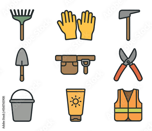 Outdoor Volunteering Tools Icons. Flat icon set of tools for outdoor volunteering: rake, gloves, hoe, shovel,