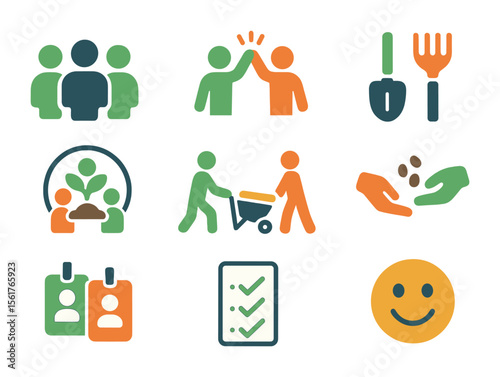 Volunteering Icons Set. Flat icon set of group volunteering activities: group of people, high-five, shared