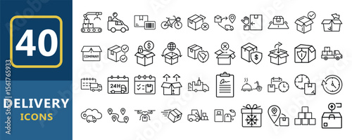 Vector art of a set of 40 delivery icons illustrating various shipping and logistics methods, isolated on white background