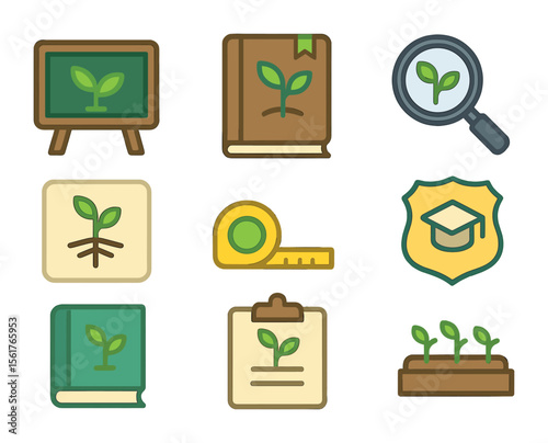 Educational Garden Icons. Flat icon set of educational garden projects: chalkboard sign, garden journal,