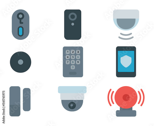 Apartment Security Icons. Flat icon set of apartment security devices: smart lock, door camera, motion sensor,
