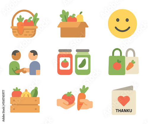 Garden Produce Icons. Flat icon set of sharing garden produce: food basket, donation box, smile face, neighbor