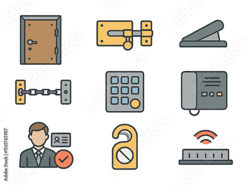 Entryway Safety Icons. Flat icon set of entryway safety: reinforced door, bolt lock, door stopper, safety