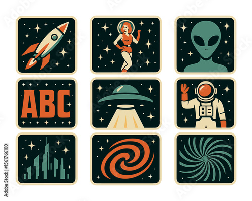 Vintage Sci-Fi Icons. Flat icon set of vintage sci-fi posters: retro rocket, space babe, alien silhouette,