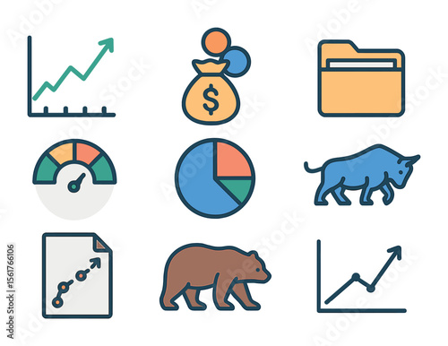 Investment Strategy Icons. Flat icon set of investment strategy: stock graph, mutual fund, portfolio folder,
