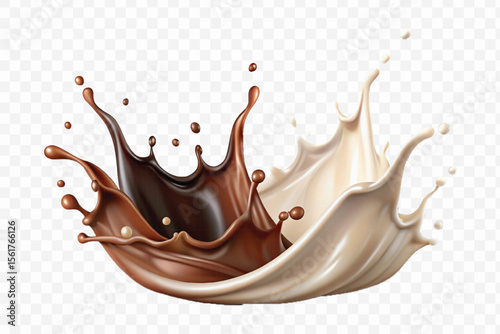 realistic 3d smooth liquid chocolate and milk splashes in different style isolated on transparent background	

