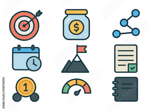 Financial Goals Icon Set. Flat icon set of financial goal setting: target board, savings jar, step-by-step