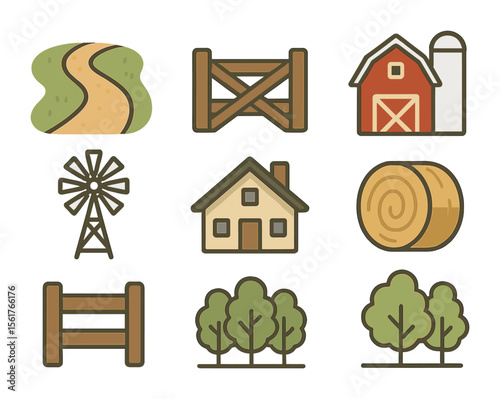 Farmhouse Icon Set. Flat icon set of rustic farmhouse life: dirt road, wooden gate, red barn, silo, windmill,
