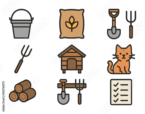Farm Chores Icons. Flat icon set of daily farm chores: water pail, feed sack, shovel, pitchfork, coop door,