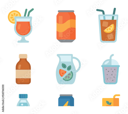 Non-Alcoholic Drinks Icons. Flat icon set of non-alcoholic beverages trend: mocktail glass, soda can, iced tea