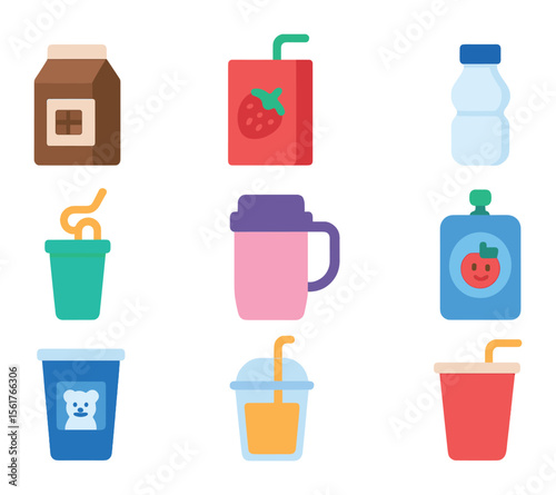 Kids' Drink Icons. Flat icon set of kids' favorite drinks: chocolate milk, fruit punch, mini bottle, fun straw