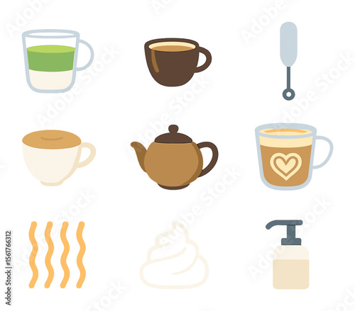 Café Drinks Icons. Flat icon set of café-style non-alcoholic drinks: matcha latte, decaf espresso, milk