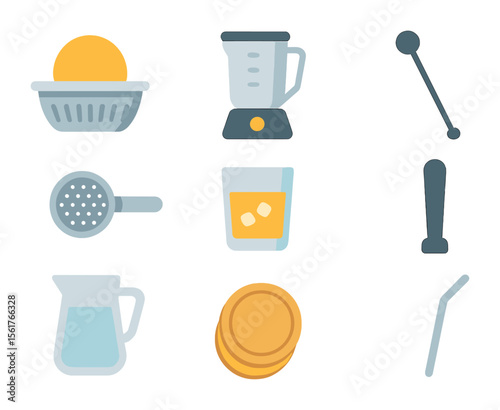 Beverage Tool Icons. Flat icon set of beverage prep tools: citrus juicer, blender, cocktail stirrer, strainer,