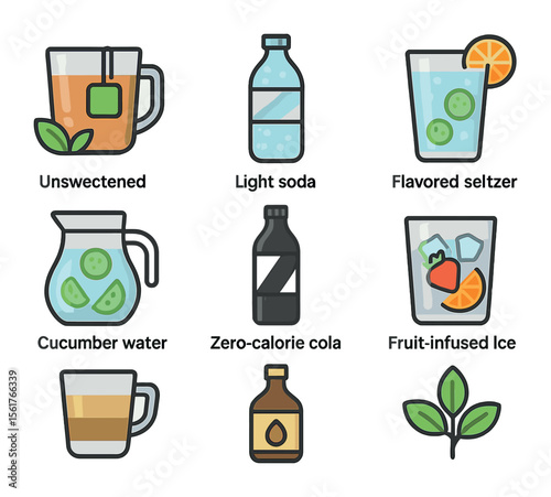 Low-Sugar Drink Icons. Flat icon set of low-sugar drinks: unsweetened tea, light soda, flavored seltzer,