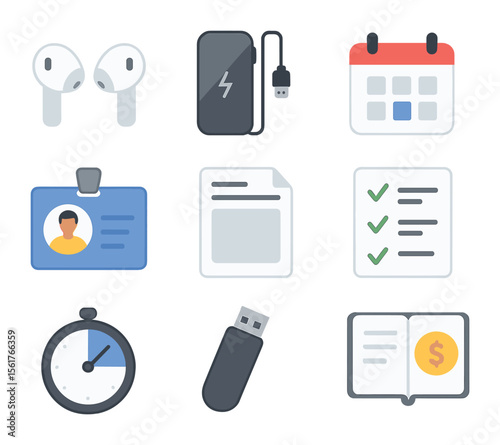 Freelancer Essentials Icons. Flat icon set of freelancer essentials: wireless earbuds, portable charger,