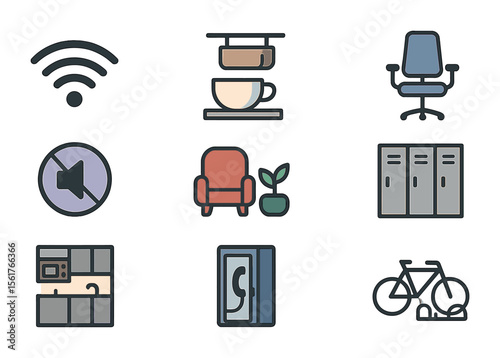 Coworking Icons Set. Flat icon set of coworking amenities: free Wi-Fi, coffee bar, ergonomic chair, quiet zone