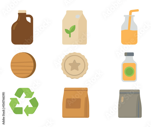 Artisan Beverage Icons. Flat icon set of artisan beverage packaging: glass growler, eco carton, glass straw,