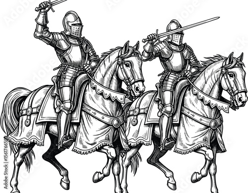 Woodcut illustration of fighting knights, horsemen. Vintage grunge vector design element for artworks, poster, cards, web and collages.