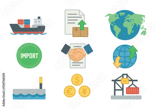 International Trade Icons. Flat icon set of international trade: cargo ship, export document, world map,