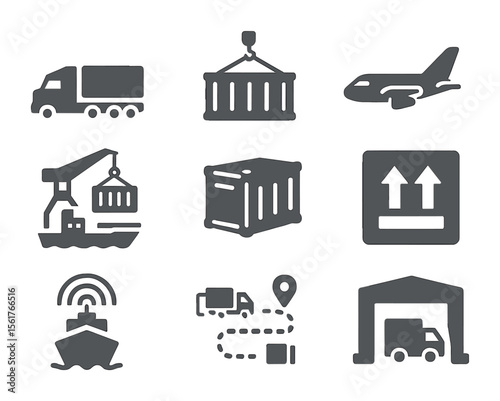 Freight Transport Icons. Flat icon set of freight transportation: semi truck, container box, cargo plane, sea