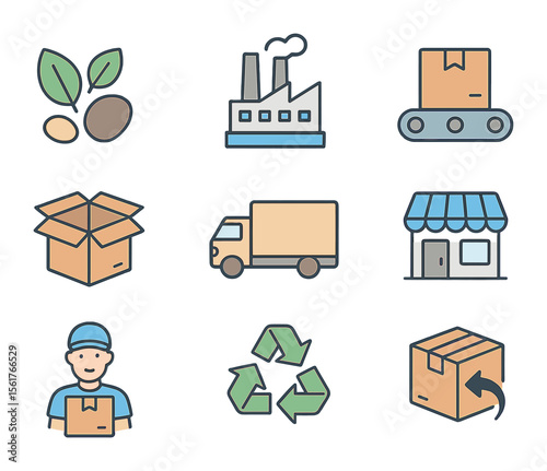 Product Lifecycle Icons. Flat icon set of product lifecycle: raw materials, factory, assembly line, packaging,