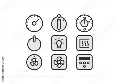 Modern Oven Controls. Flat icon set of oven knobs and controls: temperature dial, oven knob with markings,