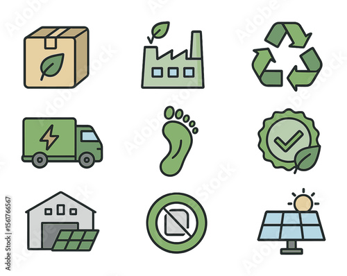 Sustainable Supply Chain Icons. Flat icon set of sustainable supply chains: eco box, green factory, recycle