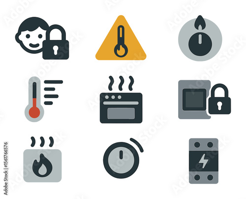 Oven Safety Icon Set. Flat icon set of oven safety features: child lock symbol, temperature warning icon, auto