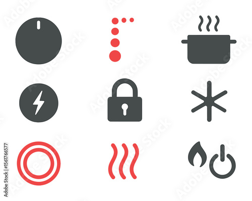 Stovetop Control Icons. Flat icon set of stovetop controls: burner knob, heat indicator, simmer icon, power