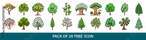 Collection of twenty different tree icons featuring various styles and species