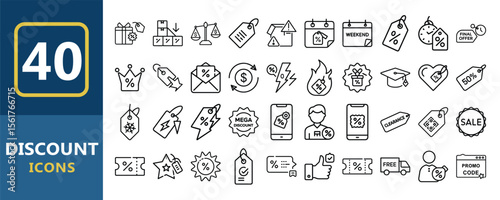 Vector art of a vibrant collection of 40 discount icons, showcasing various sale and promotional offers, isolated on white background