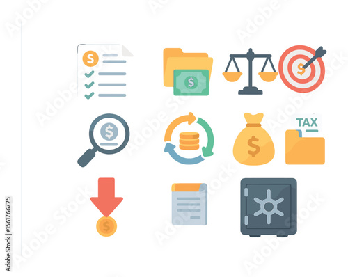 National Budget Icons. Flat icon set of national budget components: expenditure list, revenue folder, balanced