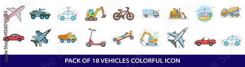 Collection of eighteen colorful vehicle line art icons depicting transportation and construction