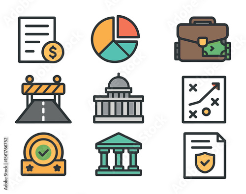 Government Fiscal Icons. Flat icon set of government fiscal policy: tax document, pie chart, briefcase with