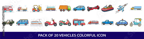 Collection of colorful vehicle icons representing various transportation types and styles