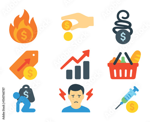 Inflation and Debt Icons. Flat icon set of inflation and debt interaction: inflation fire, currency shrinking,
